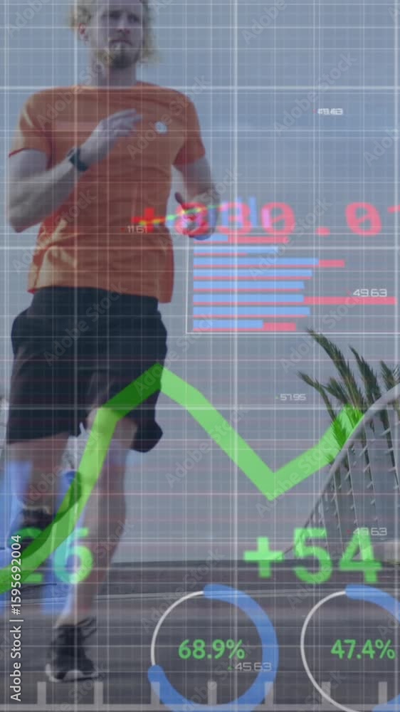 Poster animation of financial data processing over caucasian man running in city