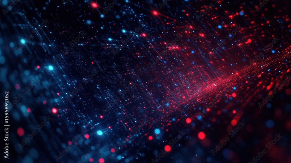 Poster abstract digital network with glowing blue and red particles and lines forming a complex futuristic 