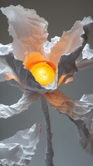 Abstract sculpture of a white paper flower with a glowing warm light in its center, generative AI