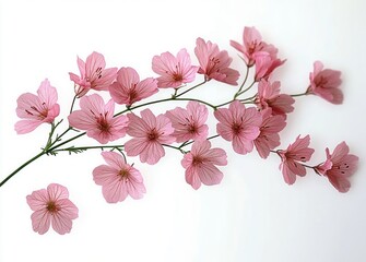 Delicate branch of light pink flowers with thin petals and dark stamens on a white background conveying elegance and tranquility