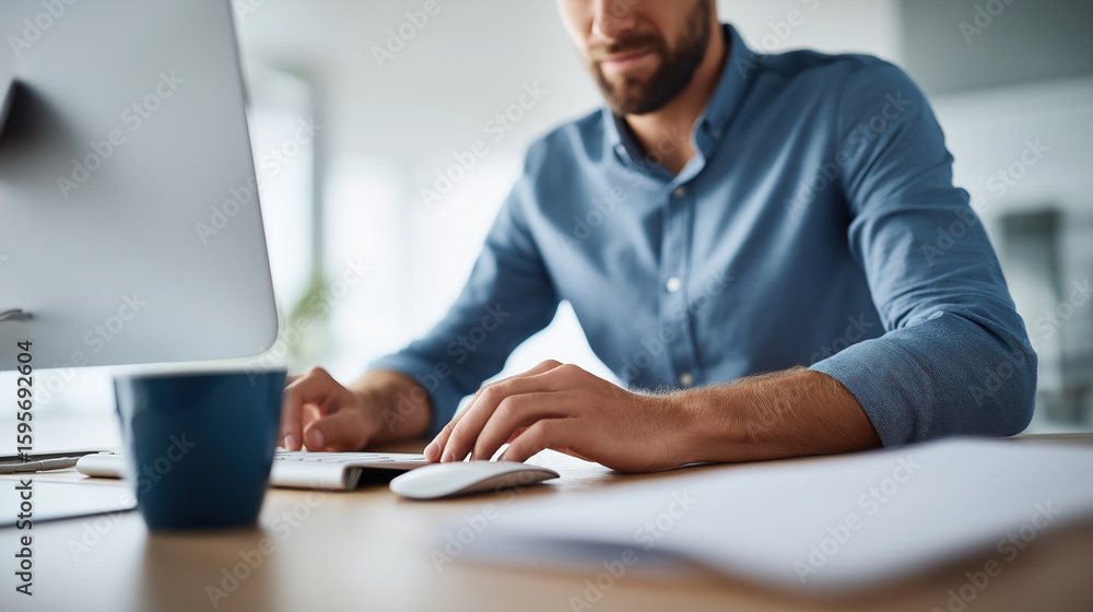 Poster professional man working at a desk with computer in a modern office space