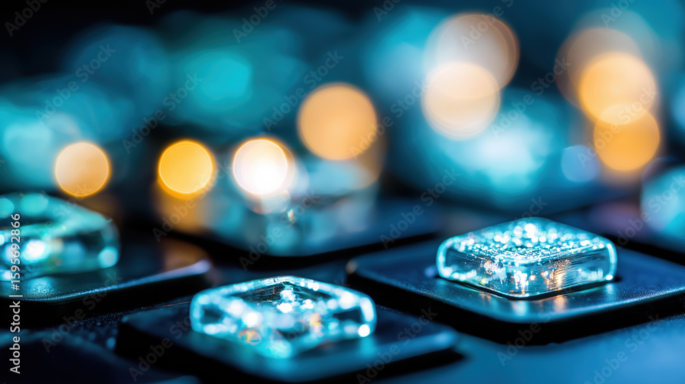 Poster close-up view of illuminated keyboard keys in a dynamic workspace setting