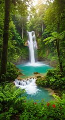 Idyllic waterfall cascading into a vibrant turquoise pool surrounded by lush greenery