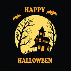 Happy halloween with haunted house bats and moon silhouetted on black