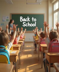 Children eagerly raise hands in classroom during back to school time