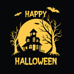 Happy halloween with haunted house bats moon and bare trees silhouette
