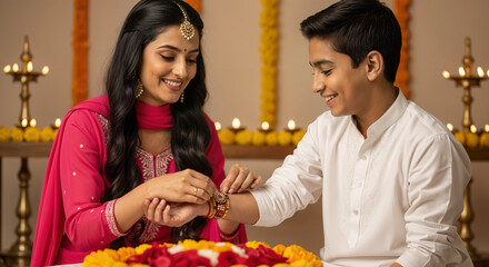 Joyful Raksha Bandhan with brother-sister exchanging smiles during ritual