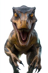 Close-up of a fierce dinosaur with textured skin, sharp teeth, claws, and intense orange eyes roaring towards the viewer against a white background