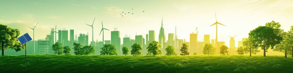 Green urban landscape with wind turbines, solar panel, and trees blending nature and sustainable city skyline under warm sunlight