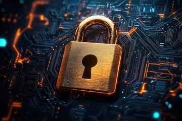 Golden padlock resting on a dark blue glowing digital circuit board symbolizing cybersecurity and data protection