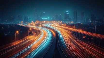 Long exposure view of a bustling multi-lane highway at night with bright light trails and a glowing modern city skyline in the background, evoking a sense of speed and energy