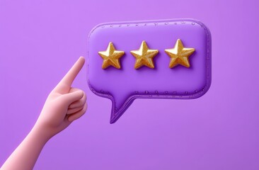 3d hand pointing at purple speech bubble with three golden stars symbolizing positive feedback or rating on purple background