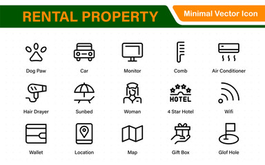 Rental property icons. Set of apartment reservation, hotel booking, five-star hotel, service line vector web icon.Hotel universal set with Building, Parking,  Meal, and Air conditioner.