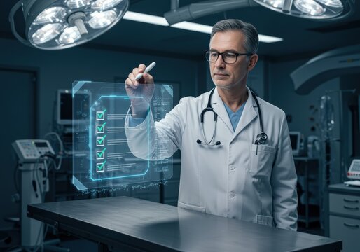A doctor in an operating room uses a futuristic holographic checklist for a surgical procedure. - Powered by Adobe