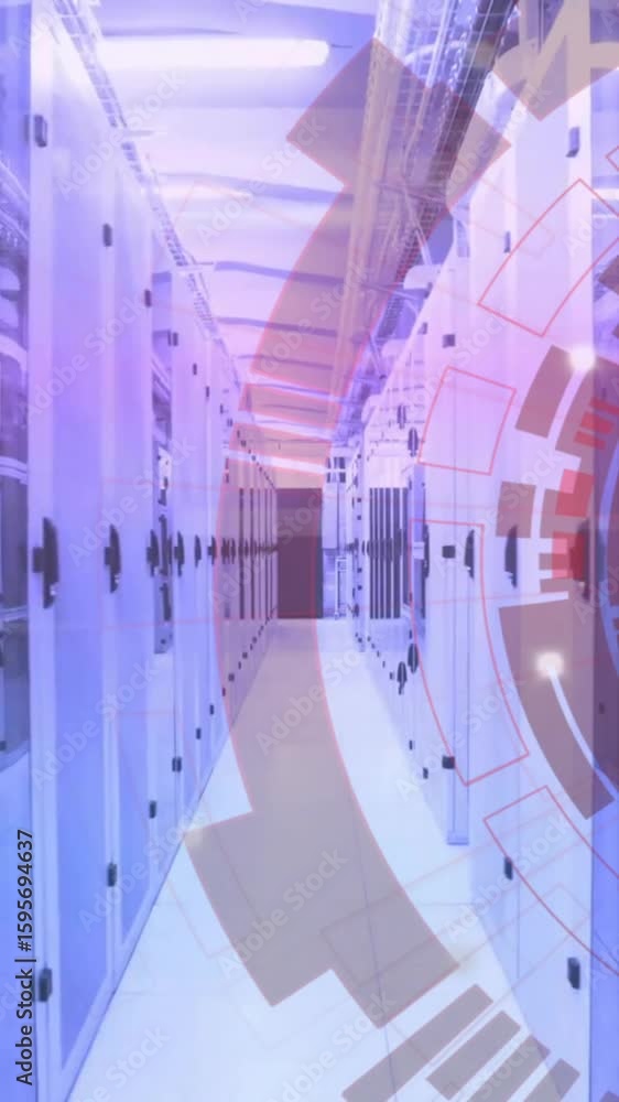Aufkleber animation of layers of blue and pink light and circular scanner processing data over server room