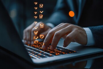 Close-up of hands typing on a laptop keyboard with illuminated checkmarks and arrows floating above in a dark environment, symbolizing task completion and productivity