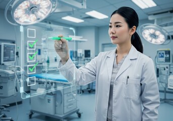 A doctor uses a futuristic interface in a modern operating room.