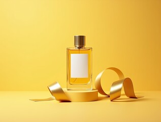 Butter Yellow Christmas Perfume Mockup with Gold Ribbon Accent