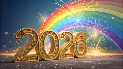 Golden 2026 numbers with sparkling fireworks and rainbow arch against a dark blue background
