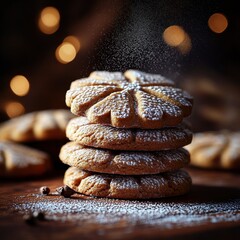 Stack of flower-shaped cookies dusted with powdered sugar on a wooden surface with warm bokeh lights in the background
