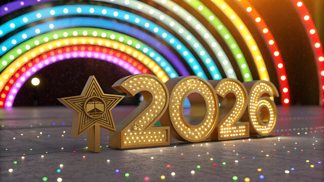 Golden 2026 numbers with star illuminated by marquee lights against a colorful rainbow arch - Powered by Adobe