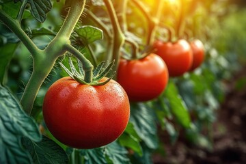 Close-up of ripe red tomatoes with water droplets hanging on the green vine in a sunlit garden