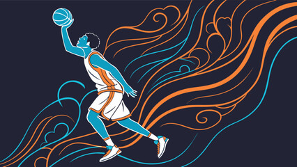 Basketball player in mid air with ball and swirling orange and blue lines on a dark background