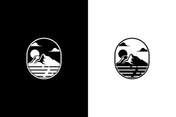 Mountain silhouette emblem badge logo design on black and white colors