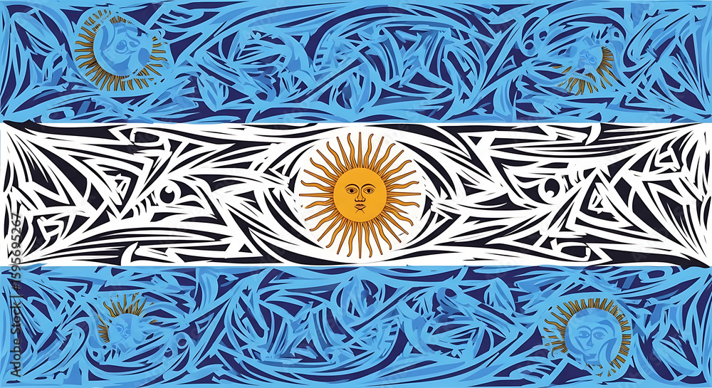 Poster artistic rendering of the argentinian flag with detailed ornamental patterns and sun.
