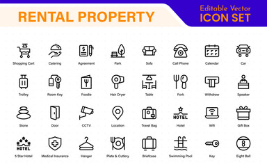 Rental property icons. Set of apartment reservation, hotel booking, five-star hotel, service line vector web icon.Hotel universal set with Building, Parking,  Meal, and Air conditioner.