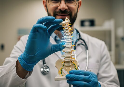 A doctor in a lab coat holding a spine model, illustrating human anatomy.
