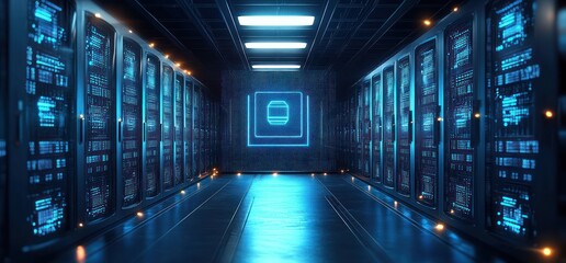 Futuristic data center corridor with rows of illuminated server racks and glowing blue digital interface on the back wall in a high-tech environment