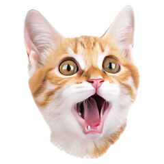 Crazy surprised cat isolated closeup concept. A surprised orange tabby cat with wide eyes and an open mouth.