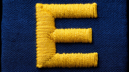 Embroidered letter E design in bright yellow on a deep blue fabric background