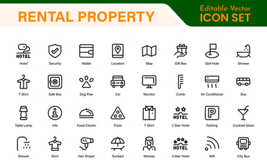 Rental property icons. Set of apartment reservation, hotel booking, five-star hotel, service line vector web icon.Hotel universal set with Building, Parking,  Meal, and Air conditioner.