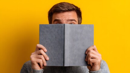 Man hiding face behind a book