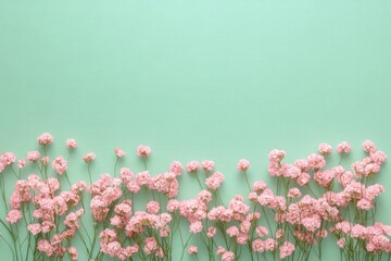 Delicate pink flowers with thin green stems arranged in a row against a soft turquoise background creating a calm and fresh feeling