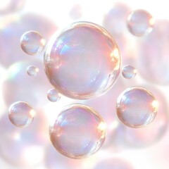 Naklejka premium Close-up of multiple translucent floating bubbles with soft iridescent reflections and pastel colors conveying lightness and tranquility