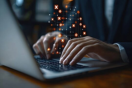 Person typing on a laptop with digital floating data symbols and network grid overlay indicating data processing or coding in a business setting