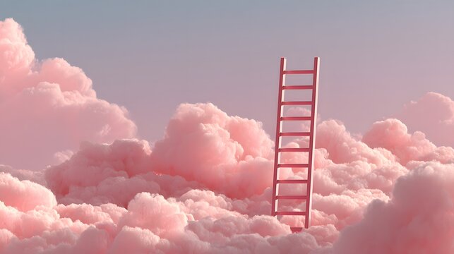 Pastel pink cloudscape with a red ladder