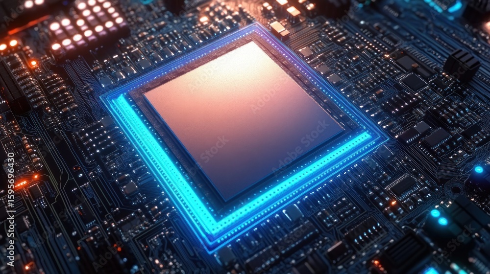 Aufkleber close-up view of a futuristic microchip or central processing unit on a detailed circuit board with 