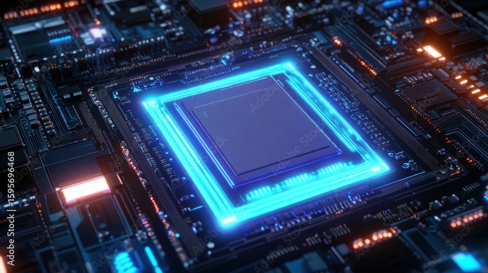 Poster close-up view of a computer chip glowing with blue light on a detailed circuit board with orange hig