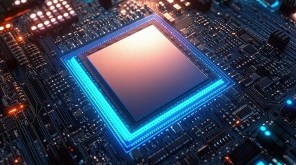 Close-up view of a futuristic microchip or central processing unit on a detailed circuit board with glowing blue and orange lights