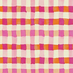 Abstract grid pattern with uneven squares in shades of pink, orange, peach, and cream creating a vibrant and playful mosaic effect