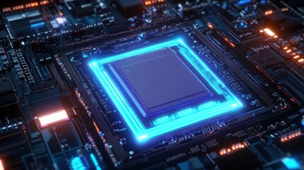 Obraz premium Close-up view of a computer chip glowing with blue light on a detailed circuit board with orange highlights, suggesting advanced technology and electronic sophistication