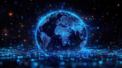 Obraz premium Digital glowing globe of Earth surrounded by sparkling blue and orange particles representing data and technology in a futuristic setting