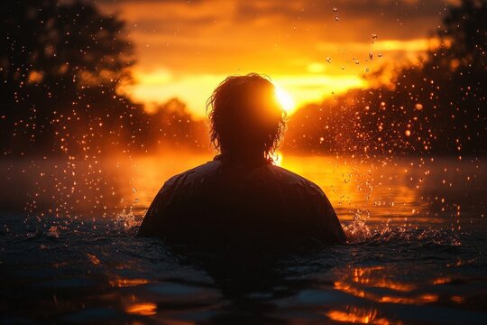 Silhouette of person emerging from water with splashes during vibrant orange sunset surrounded by trees