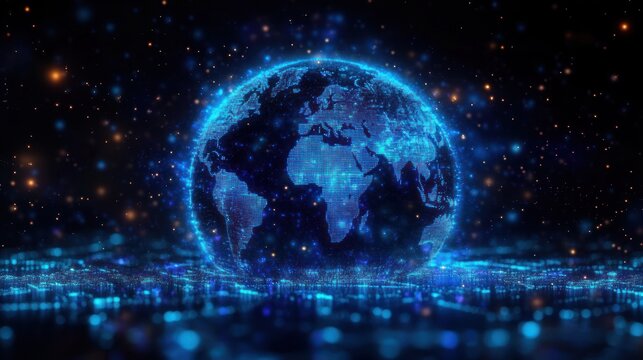 Digital glowing globe of Earth surrounded by sparkling blue and orange particles representing data and technology in a futuristic setting