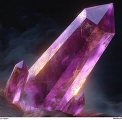 Large glowing purple crystals emerging from rocky ground under dark atmospheric lighting