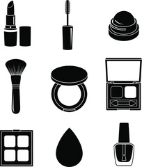 Fototapeta premium A vector set of cosmetic beauty icons, including perfume bottles and makeup illustrations